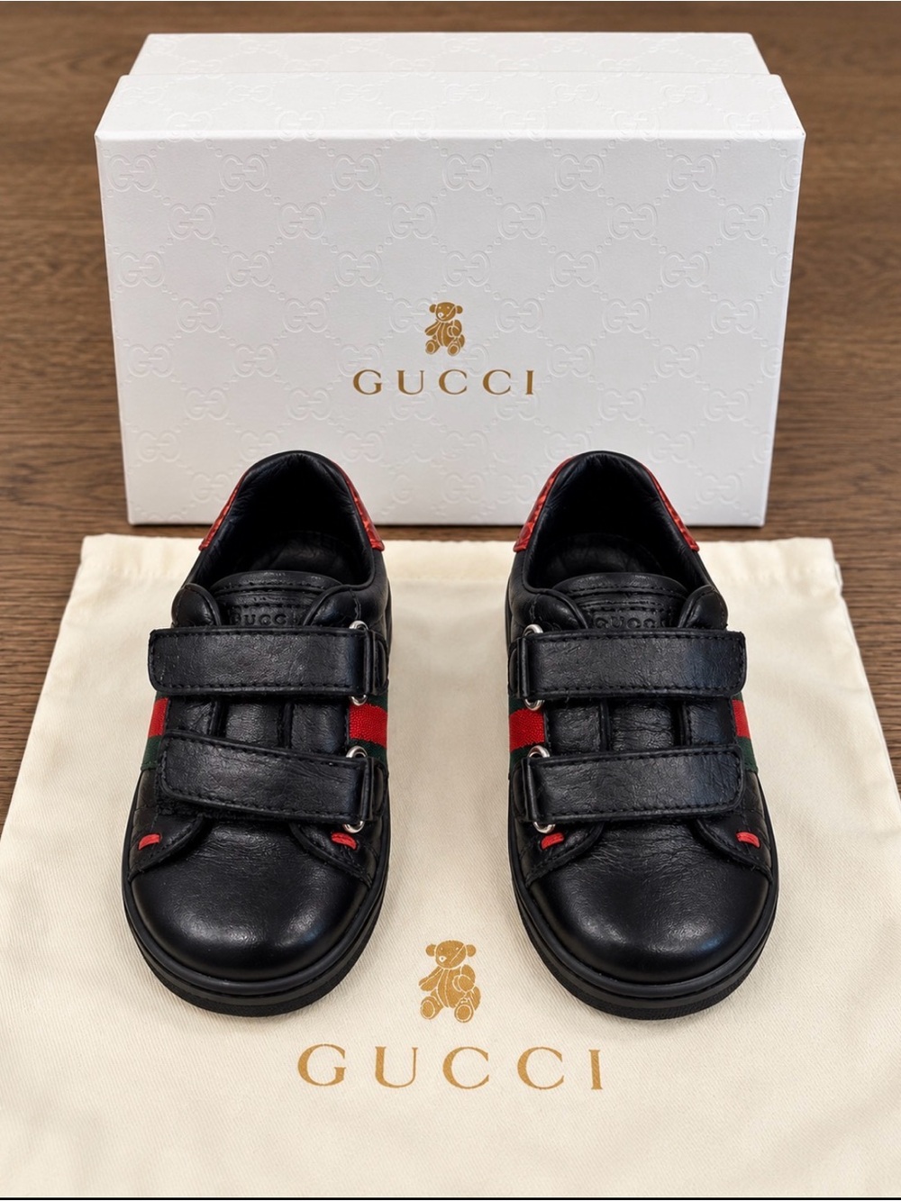 💯 Authentic Gucci Kids Black Leather Web Stripe Velcro Sneakers Size 21 (6”)
